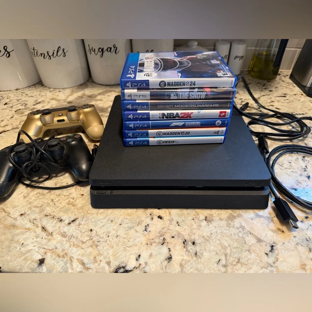 PlayStation PS4 Console with Gold and Black Controllers and 7 Physical Games